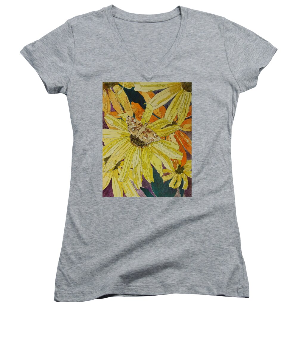 Blackeyed Susan Women's V-Neck featuring the mixed media Blackeyed Susans and Butterfly by Terry Holliday