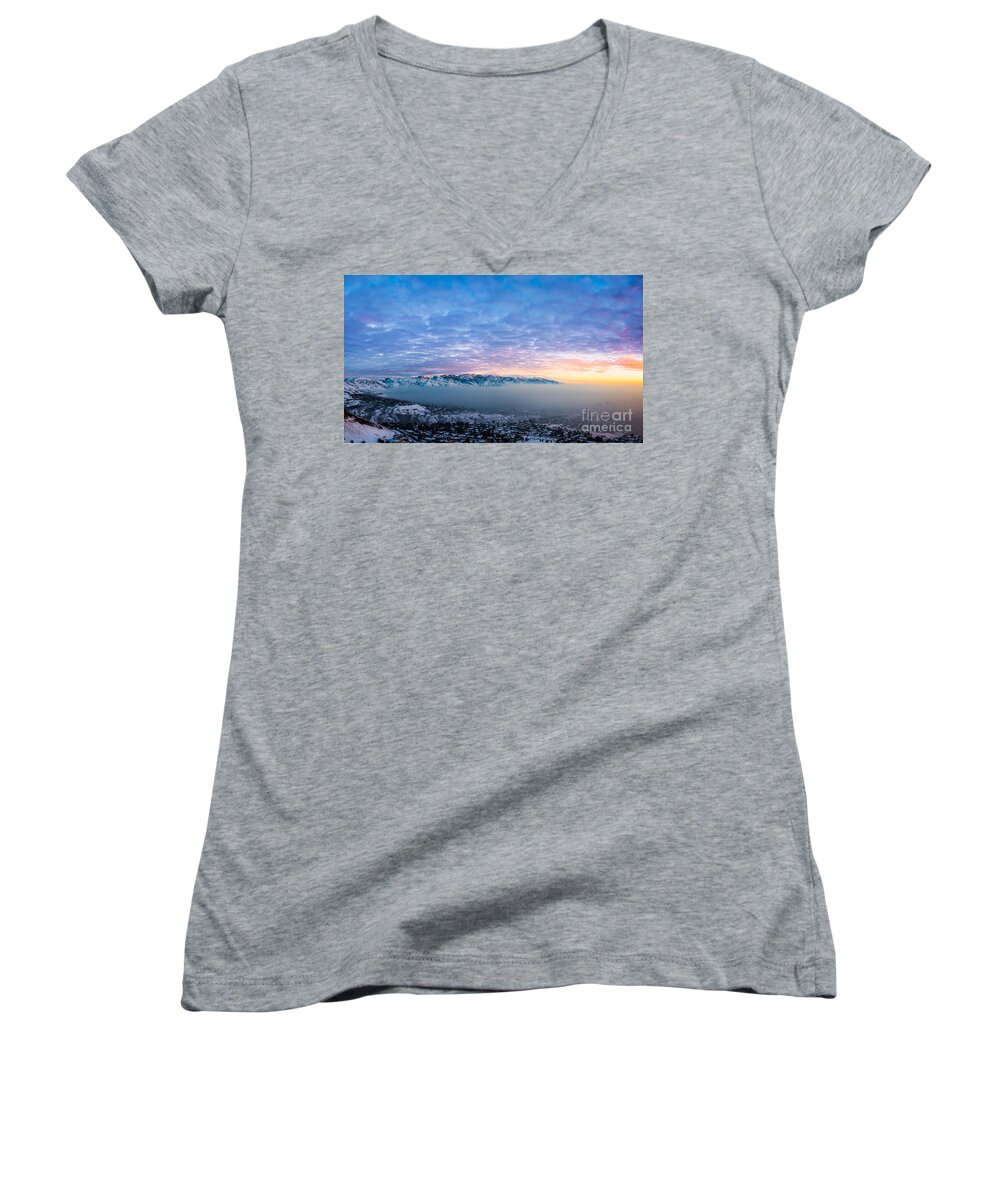 Sunset Women's V-Neck featuring the photograph Blanket Of Smog over Salt Lake City by Michael Ver Sprill