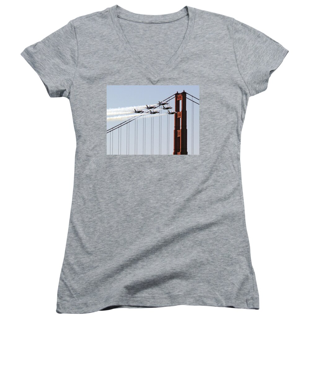 Blue Angels Women's V-Neck featuring the photograph Blue Angels and the Bridge by Bill Gallagher