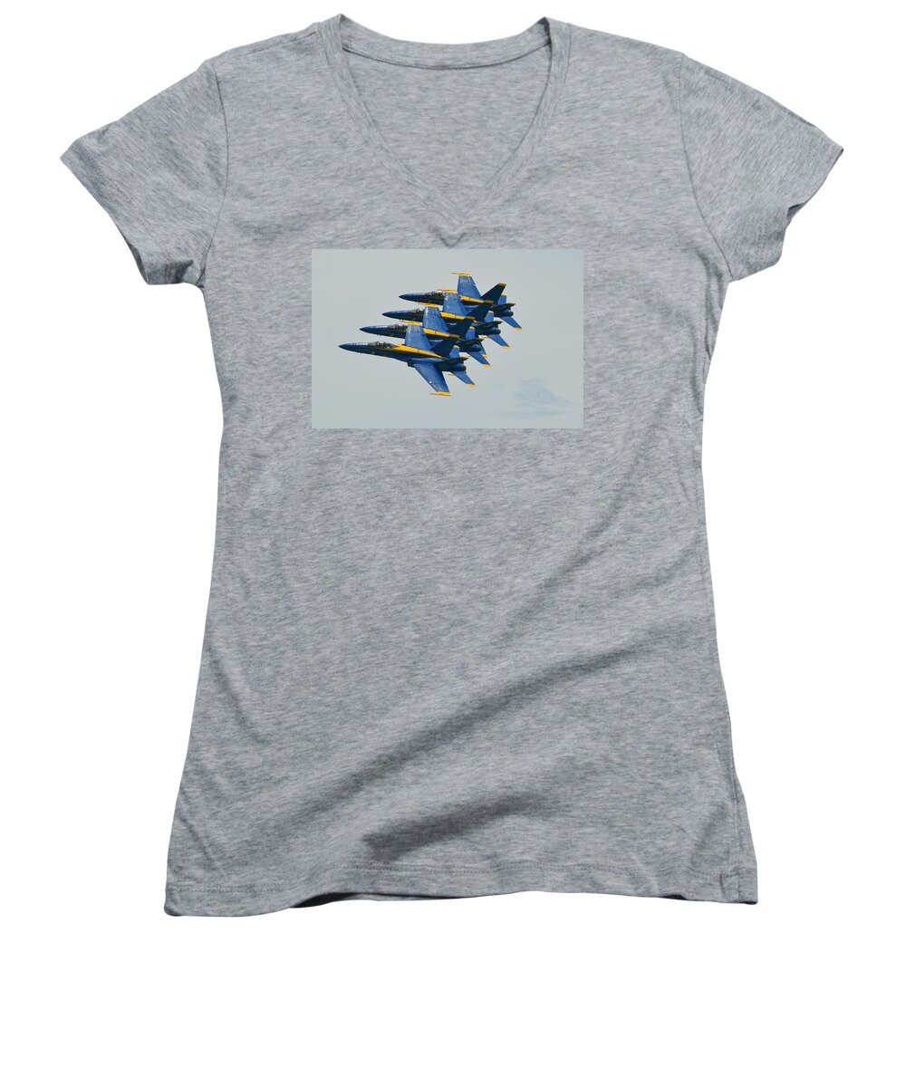 Blue Angels Women's V-Neck featuring the photograph Blue Angels Practice Echelon Formation by Jeff at JSJ Photography