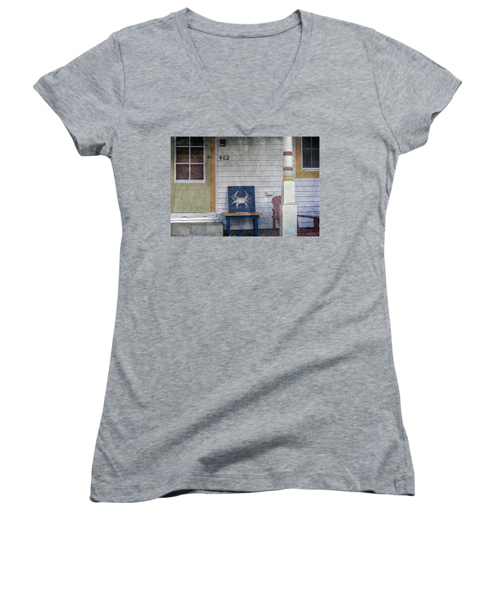 2d Women's V-Neck featuring the photograph Blue Crab Chair by Brian Wallace