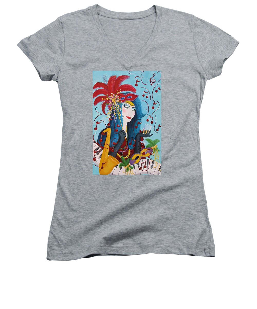 Mardi Gras Women's V-Neck featuring the painting Blue Haired Lady by Valerie Carpenter