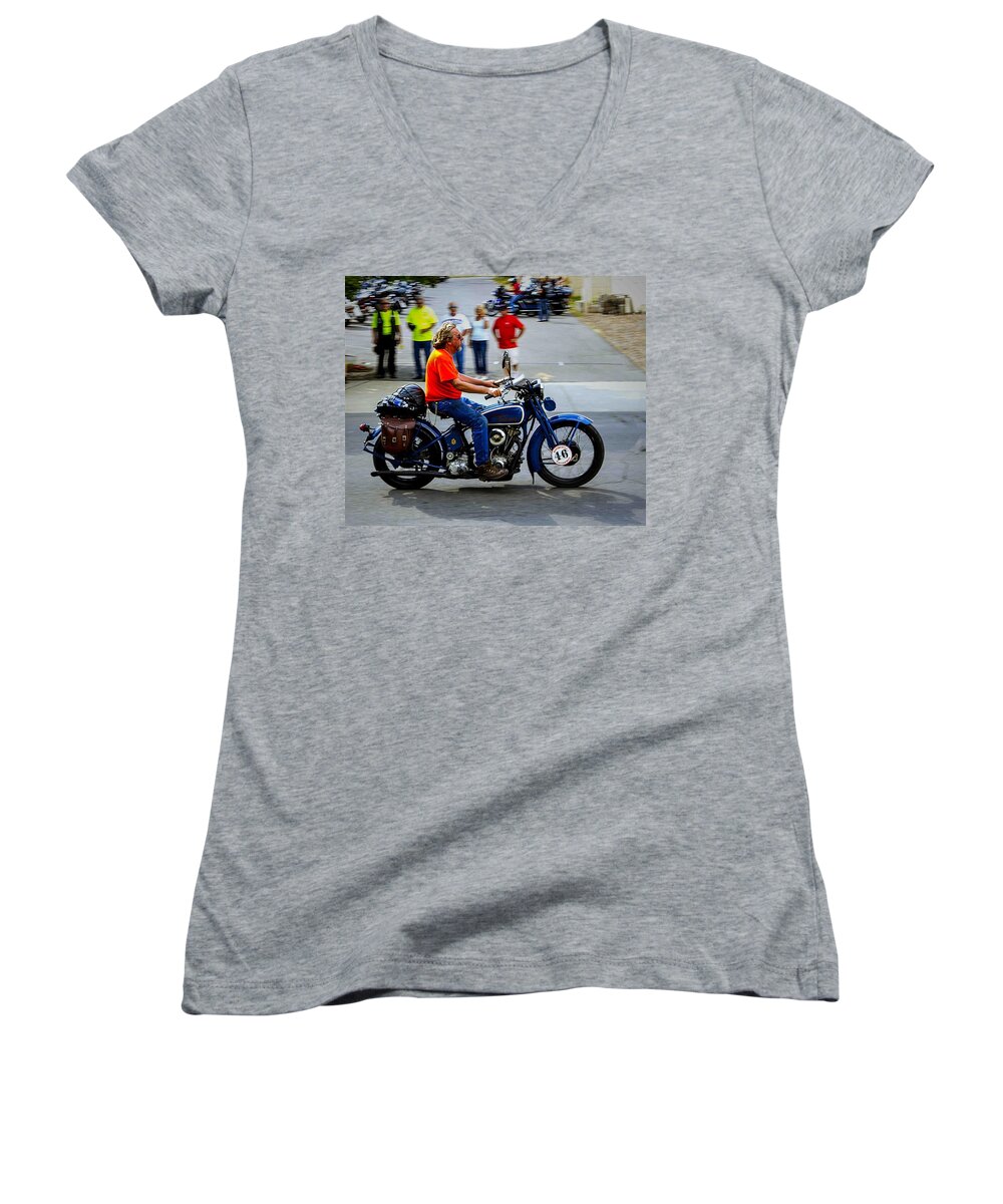 Antique Women's V-Neck featuring the photograph Blue Harley 46 by Jeff Kurtz