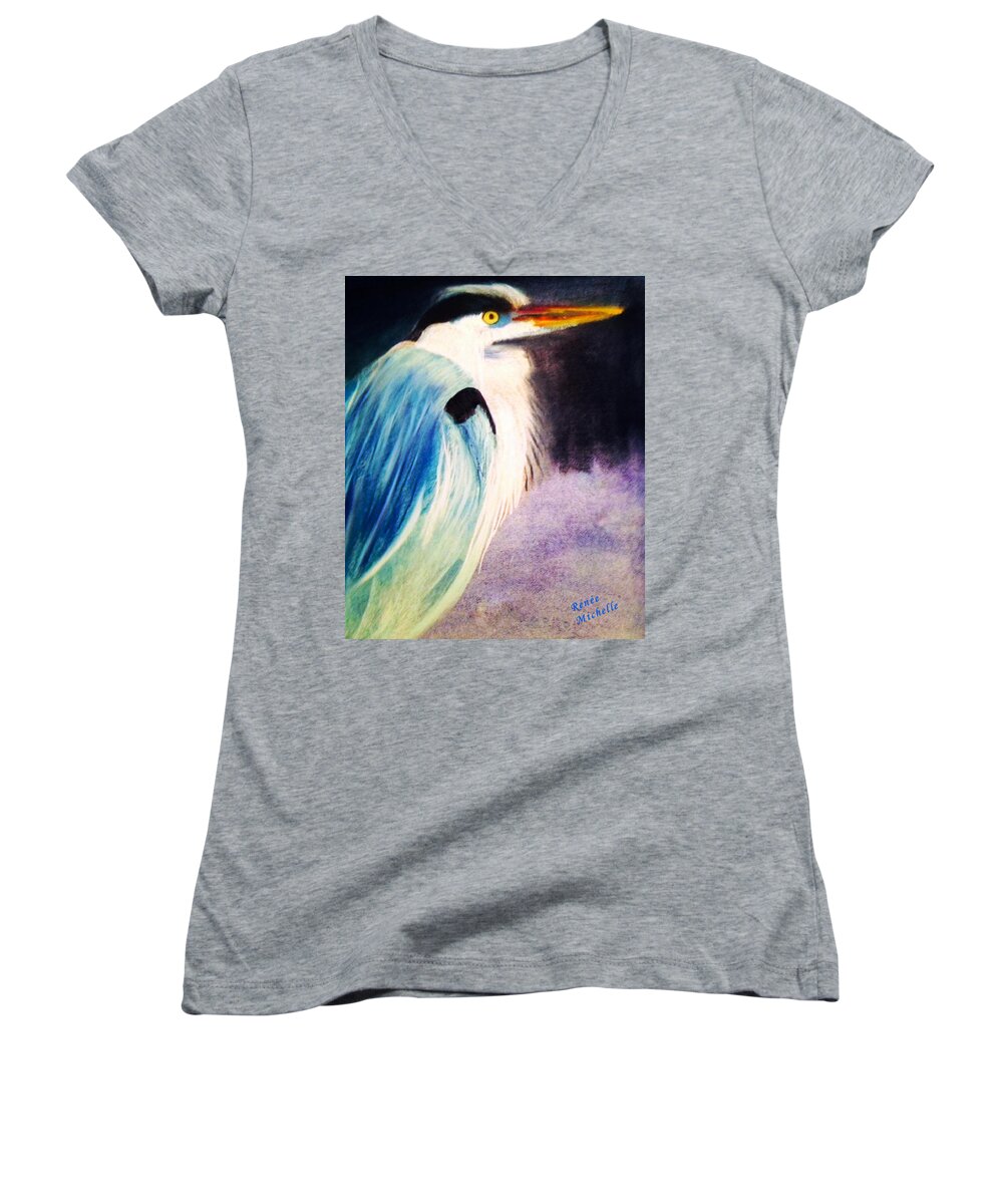 Heron Women's V-Neck featuring the pastel Blue Heron by Renee Michelle Wenker
