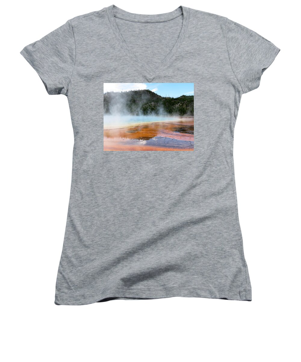 Yellowstone National Park Women's V-Neck featuring the photograph Blue Steam by Laurel Powell