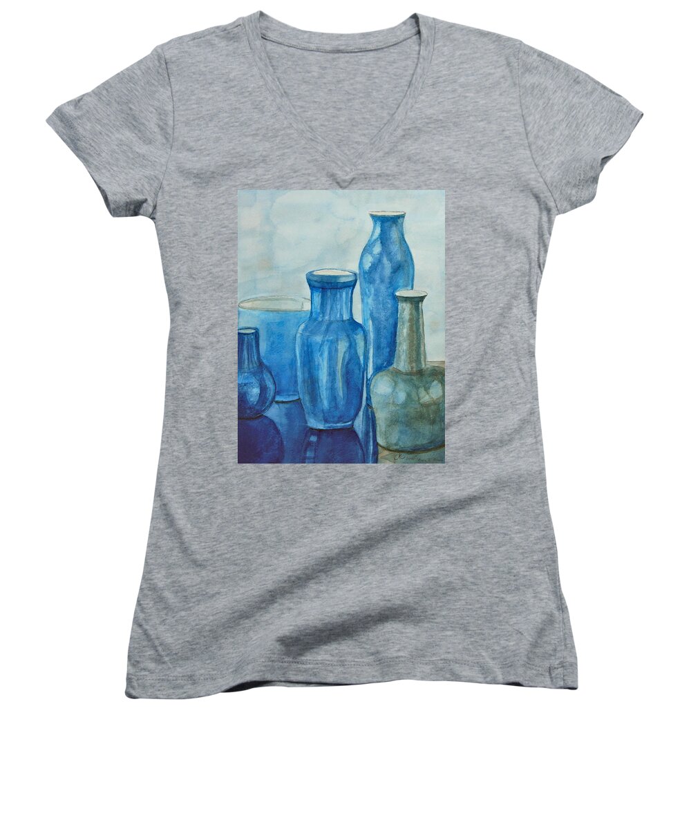 Vases Women's V-Neck featuring the painting Blue Vases I by Anna Ruzsan