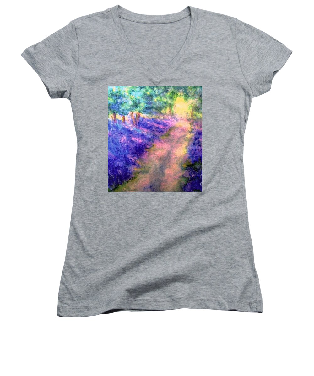 Bluebells Women's V-Neck featuring the painting Bluebell Woods by Hazel Holland