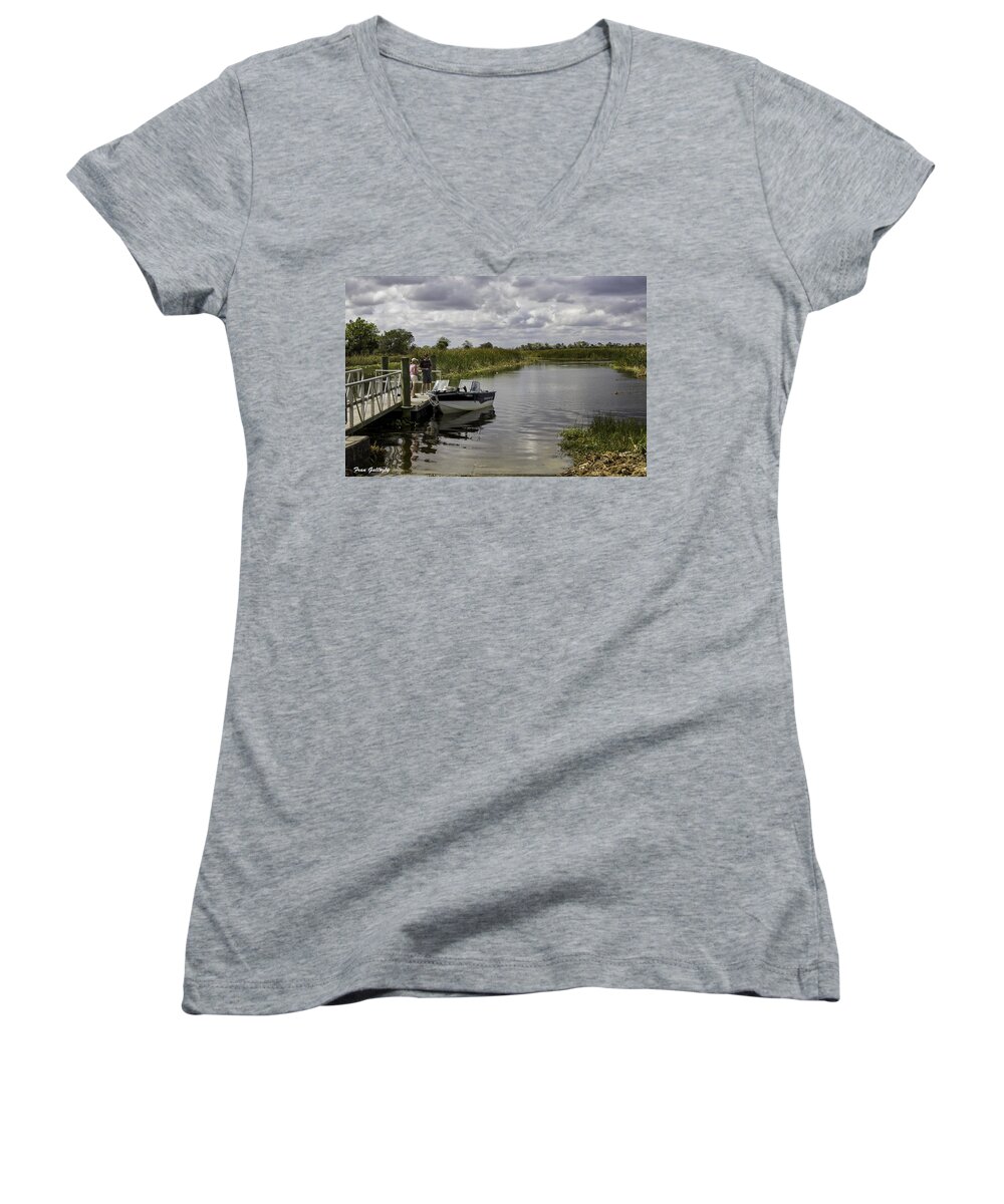 Swamp Women's V-Neck featuring the photograph Boating in Blue Cypress Swamp by Fran Gallogly