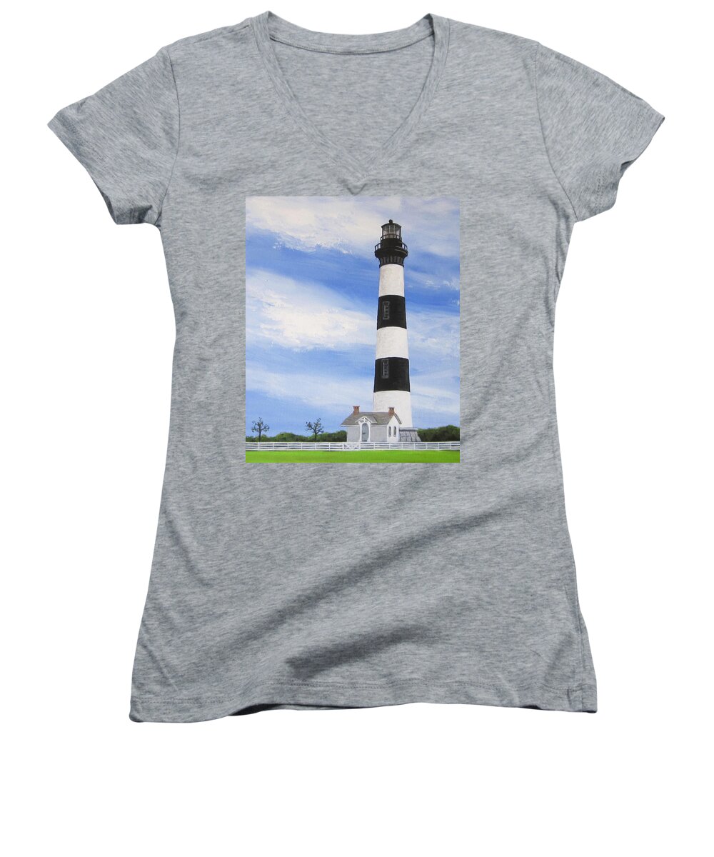 Lighthouse Women's V-Neck featuring the painting Bodie Island Light by Anne Marie Brown