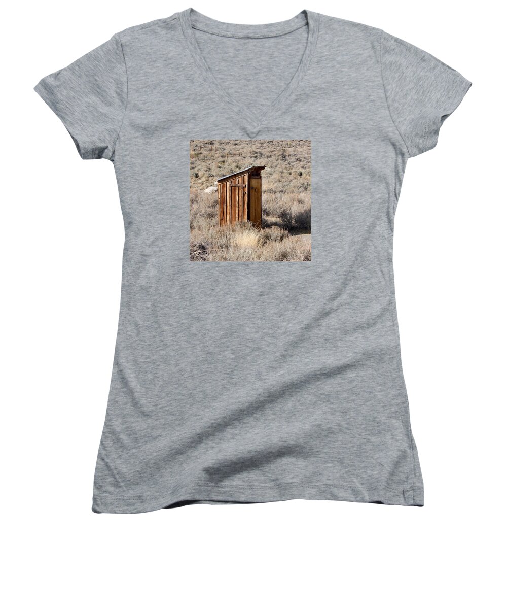 Outhouse Women's V-Neck featuring the photograph Bodie Outhouse by Art Block Collections