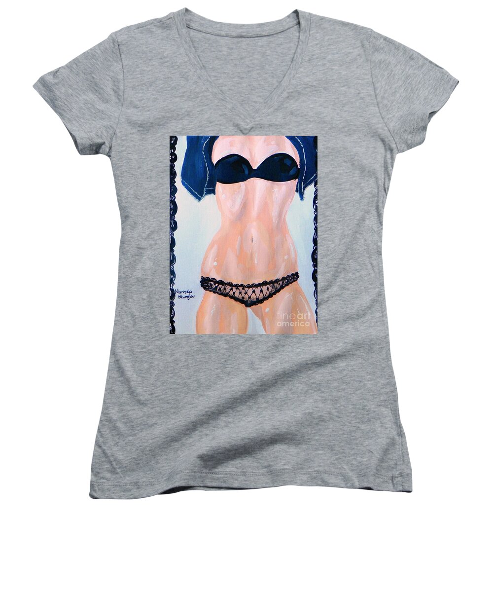 Mari Women's V-Neck featuring the painting Body by Marisela Mungia