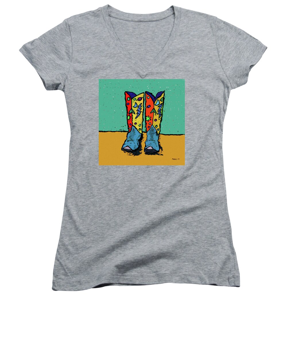 Boots Women's V-Neck featuring the painting Boots On Teal by Dale Moses