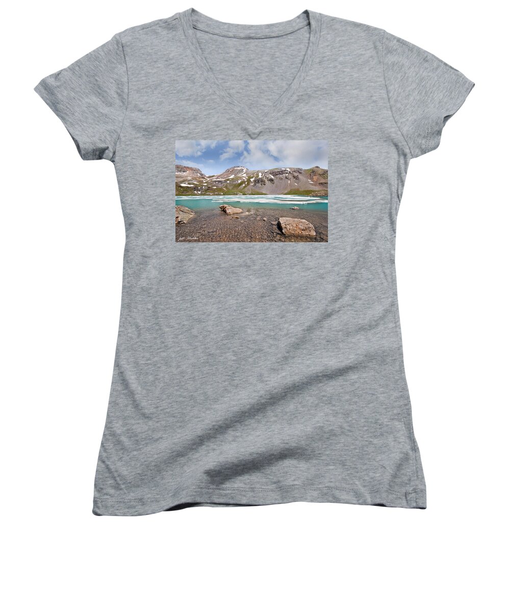 Barren Women's V-Neck featuring the photograph Boulders in Upper Ice Lake by Jeff Goulden