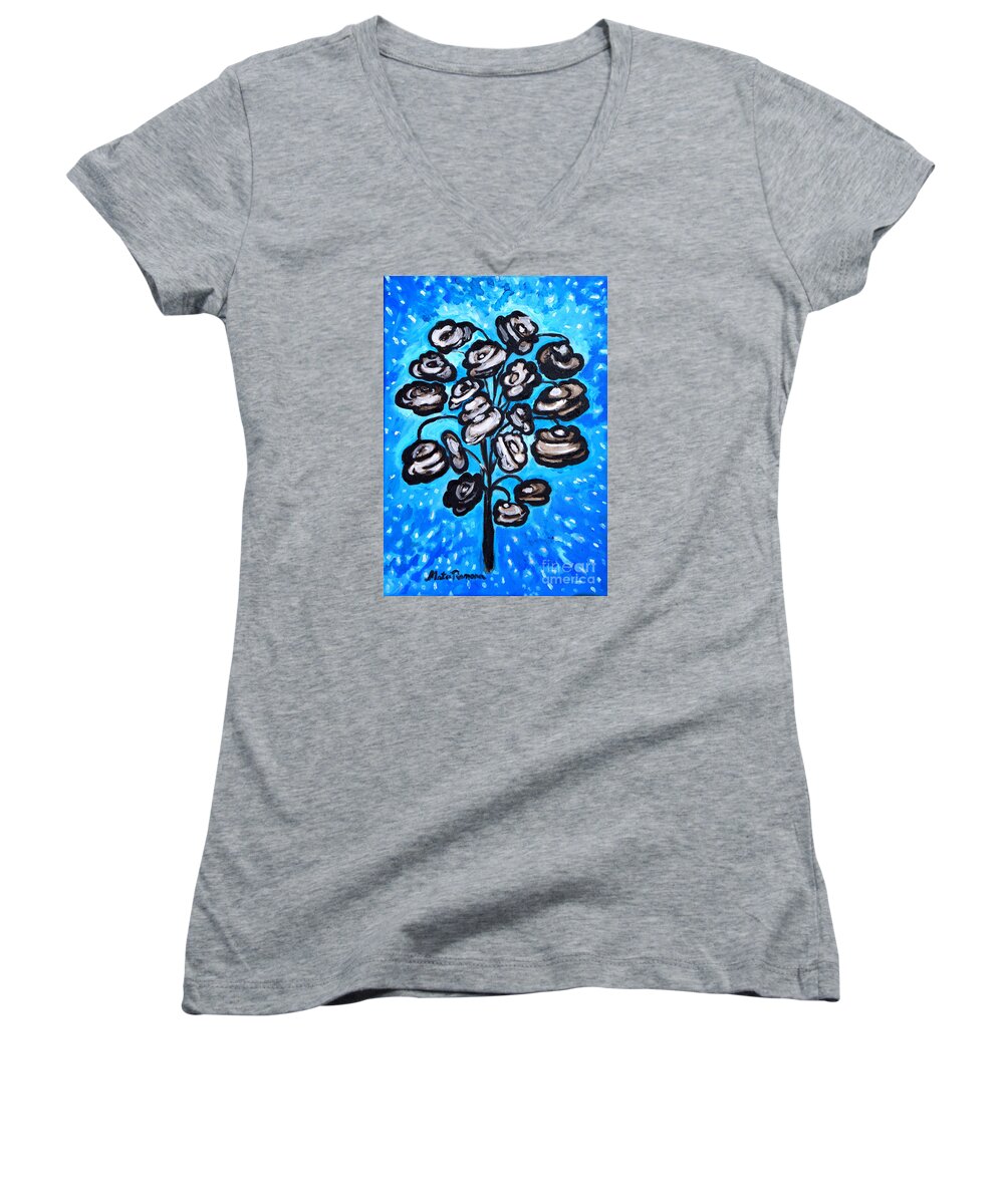 Blue Women's V-Neck featuring the painting Bouquet of white poppies by Ramona Matei