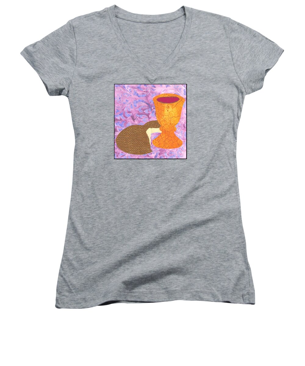 Collage Women's V-Neck featuring the mixed media Bread and Cup by Jim Harris