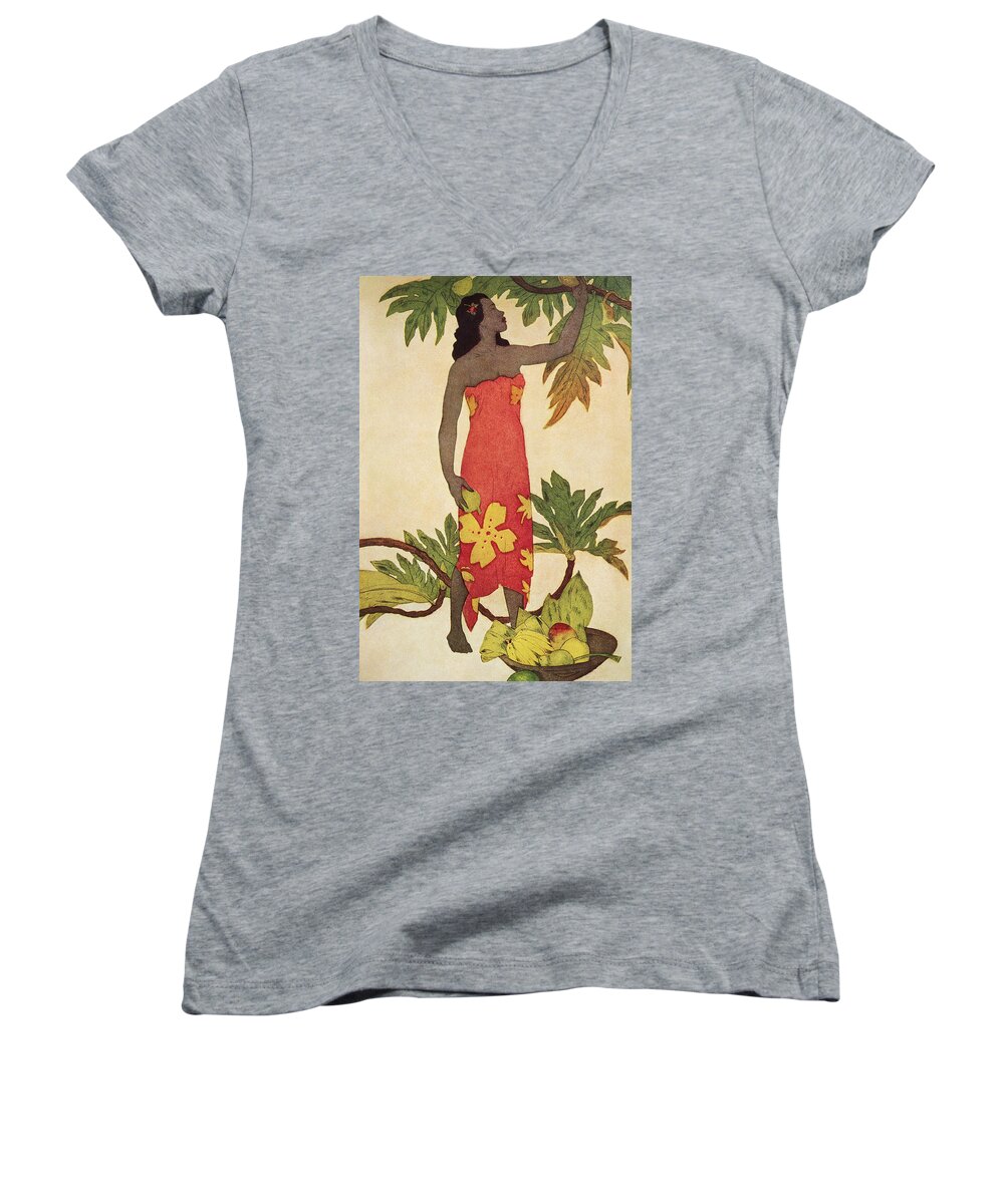 1940 Women's V-Neck featuring the painting Breadfruit Girl by Hawaiian Legacy Archives - Printscapes