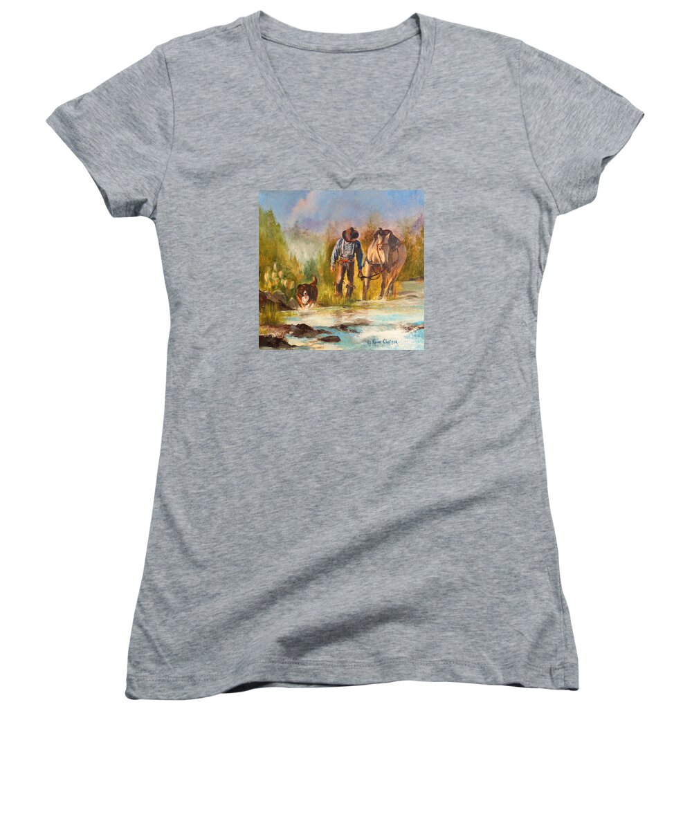 Western Art Prints Women's V-Neck featuring the painting Break For The Ride by Karen Kennedy Chatham