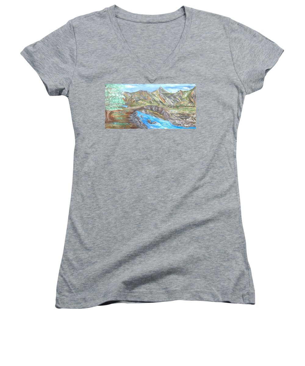 Natural Bridge Women's V-Neck featuring the painting Bridge of the Gods by Suzanne Surber