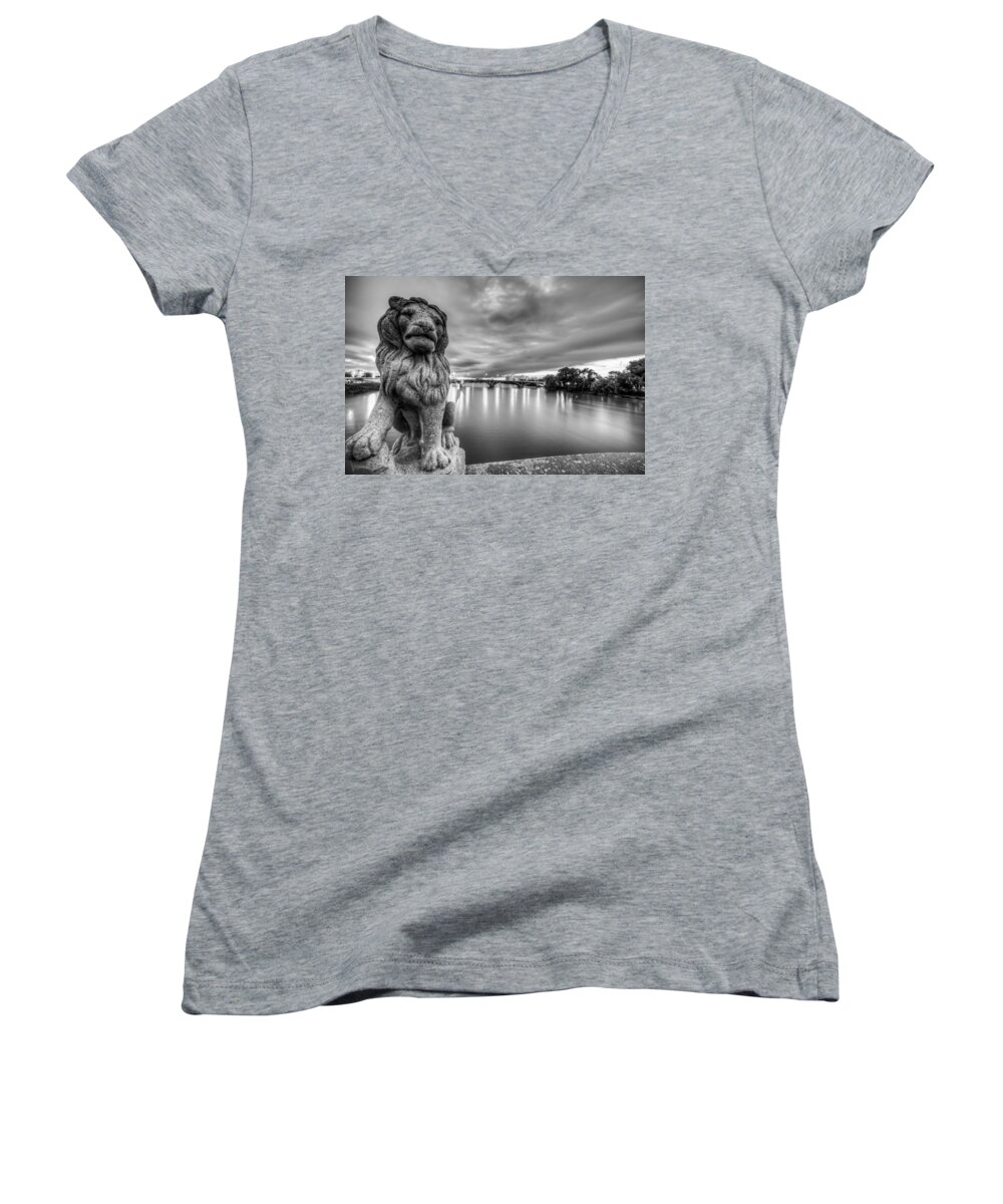 Cedar Rapids Women's V-Neck featuring the photograph Bridge to Czech Village in Cedar Rapids in Black and White by Anthony Doudt