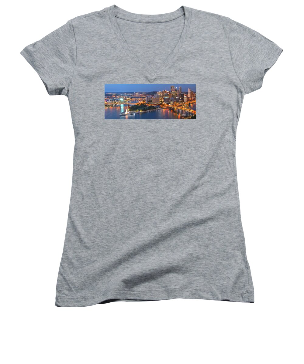Pittsburgh Skyline Women's V-Neck featuring the photograph Bridge To The Pittsburgh Skyline by Adam Jewell