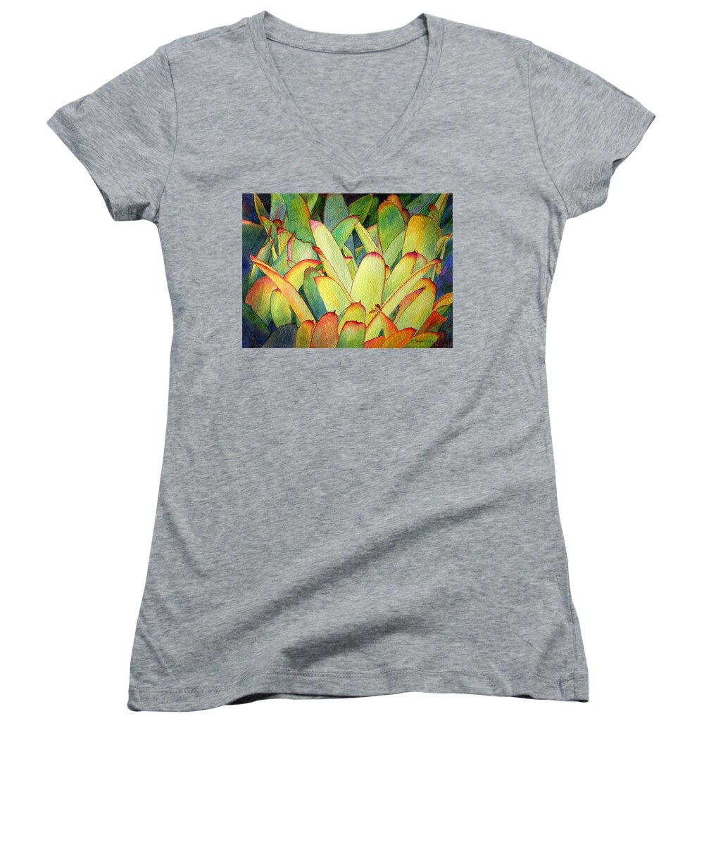 Flowers Women's V-Neck featuring the painting Bromeliads I by Roger Rockefeller