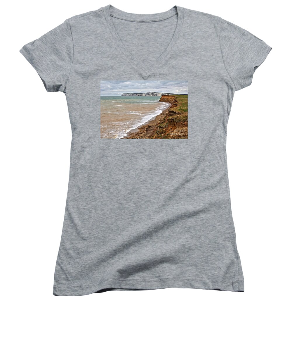 Isle Of Wight Women's V-Neck featuring the photograph Brook Bay and Chalk Cliffs by Jeremy Hayden