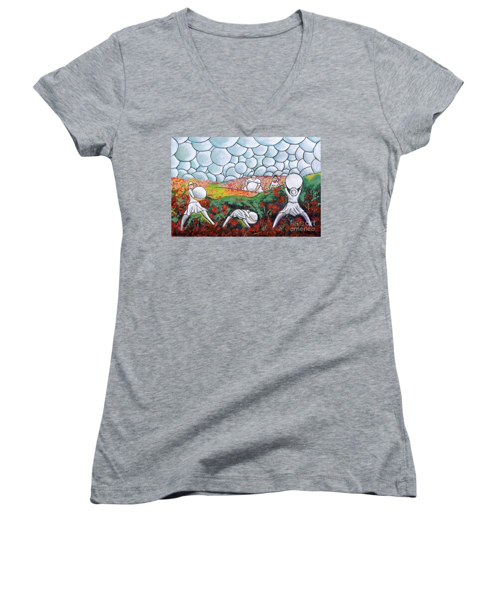 Fantasy Women's V-Neck featuring the painting Bubble Sky And Flower Fields by William Cain
