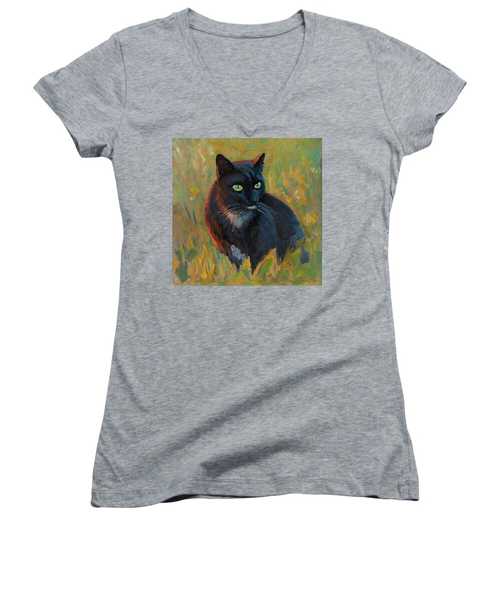 Cat Black Pet Grass Sunset Light Feline Sharp Look Women's V-Neck featuring the painting Bubu in the sunset by Marco Busoni