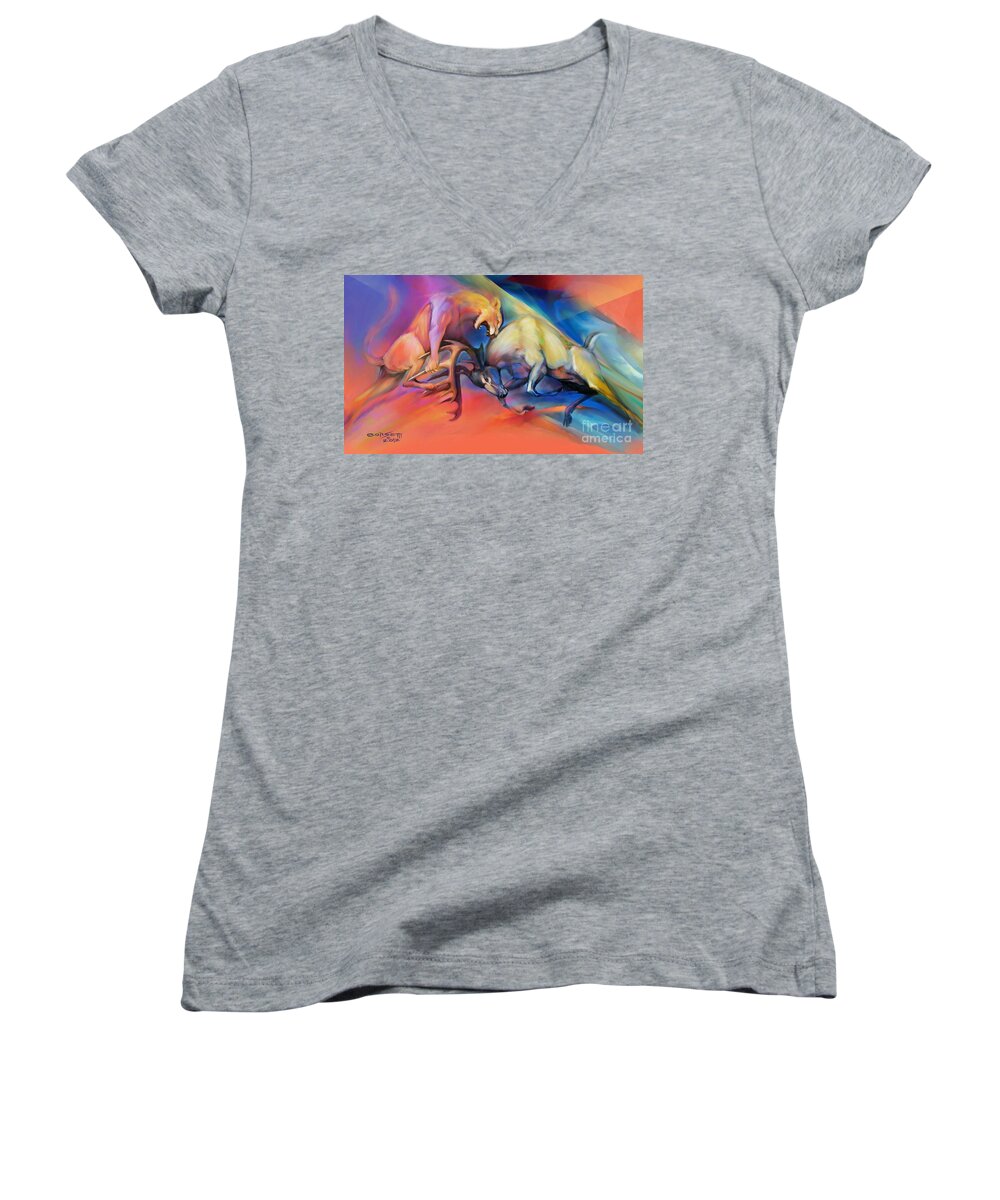 Wall Art Women's V-Neck featuring the painting Buck Off by Robert Corsetti