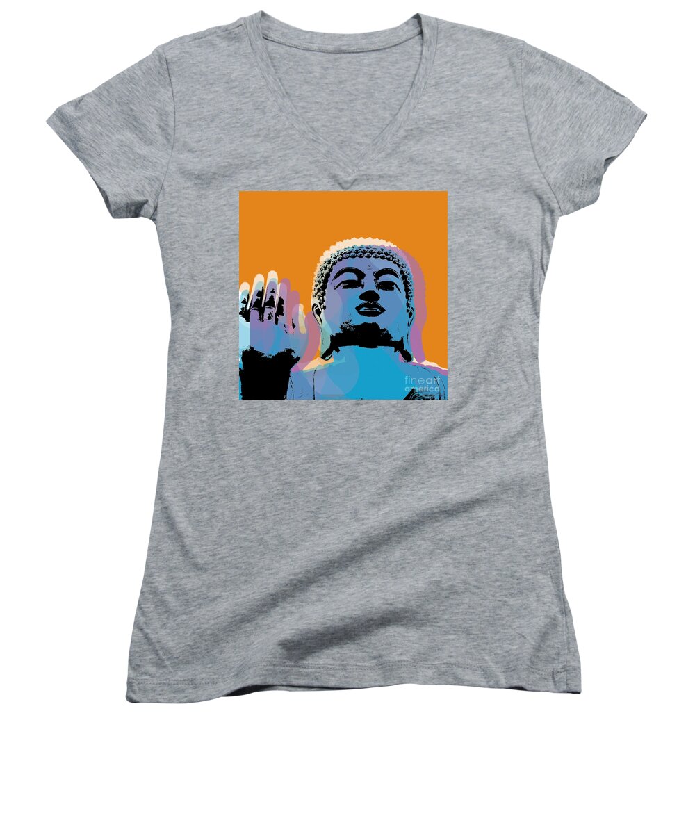 Buddha Women's V-Neck featuring the digital art Buddha Pop Art - Warhol style by Jean luc Comperat
