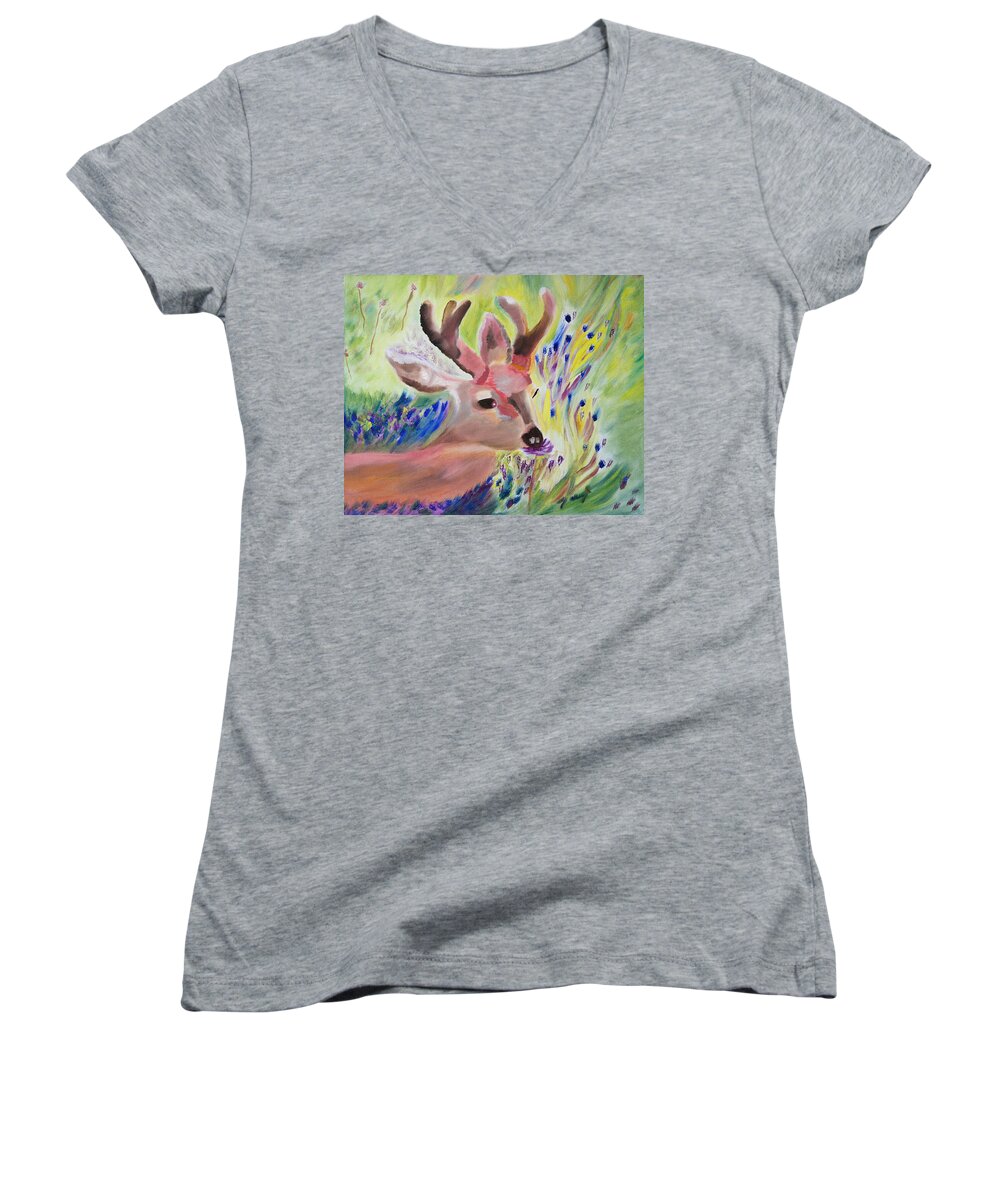 Deer Women's V-Neck featuring the painting Budding Fields by Meryl Goudey