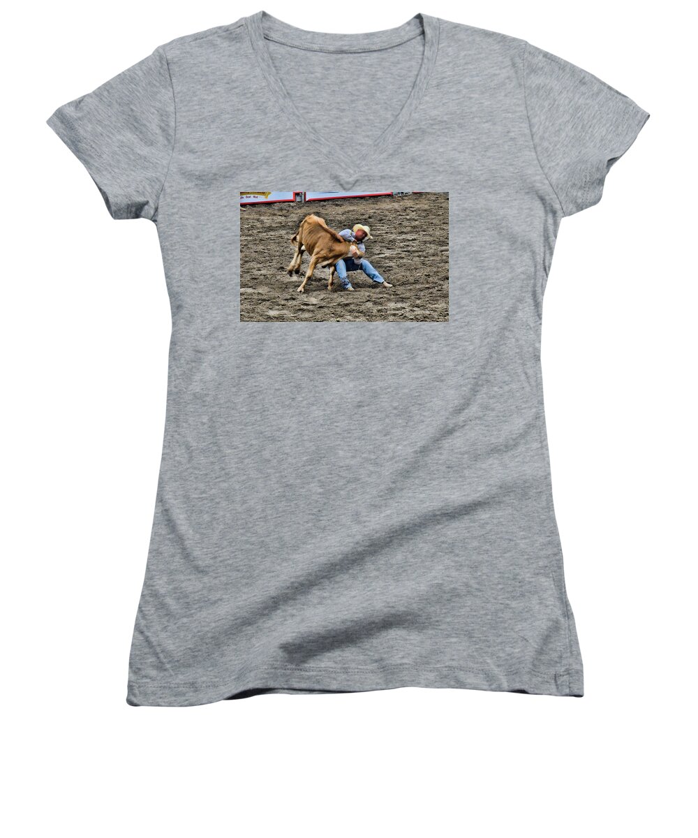 Rodeo Women's V-Neck featuring the photograph Bull Dogging by Ron Roberts