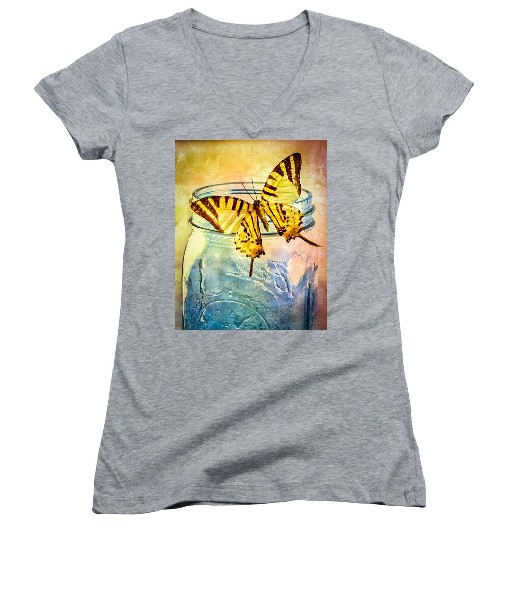 Blue Glass Women's V-Neck featuring the photograph Butterfly Blue Glass Jar by Bob Orsillo
