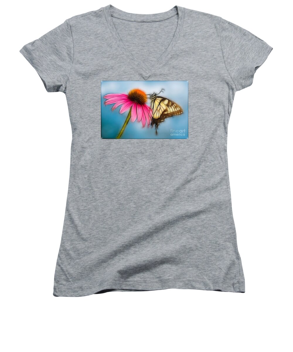 Artistic Women's V-Neck featuring the photograph Butterfly on Flower by Jerry Fornarotto