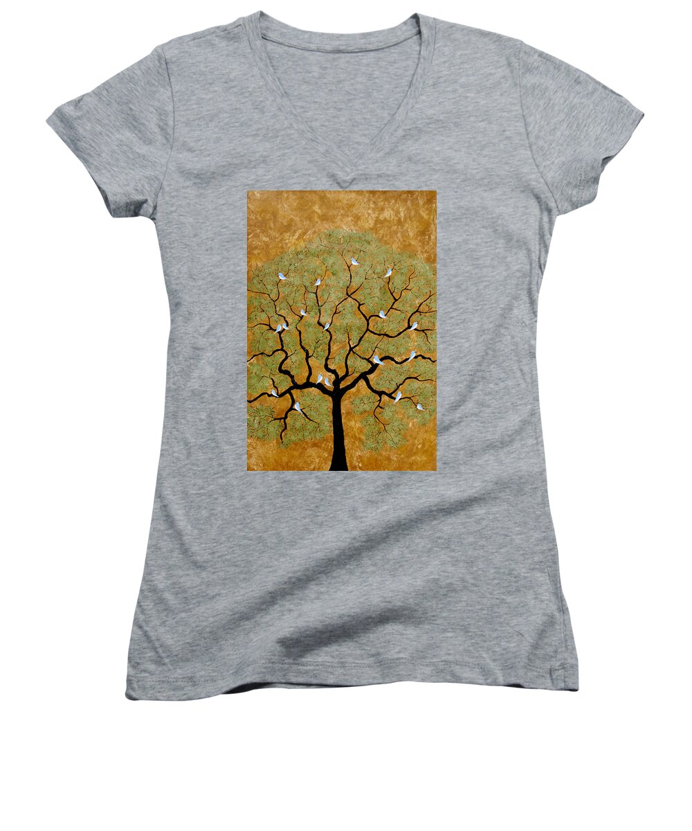 Birds Women's V-Neck featuring the painting By the tree re-painted by Sumit Mehndiratta