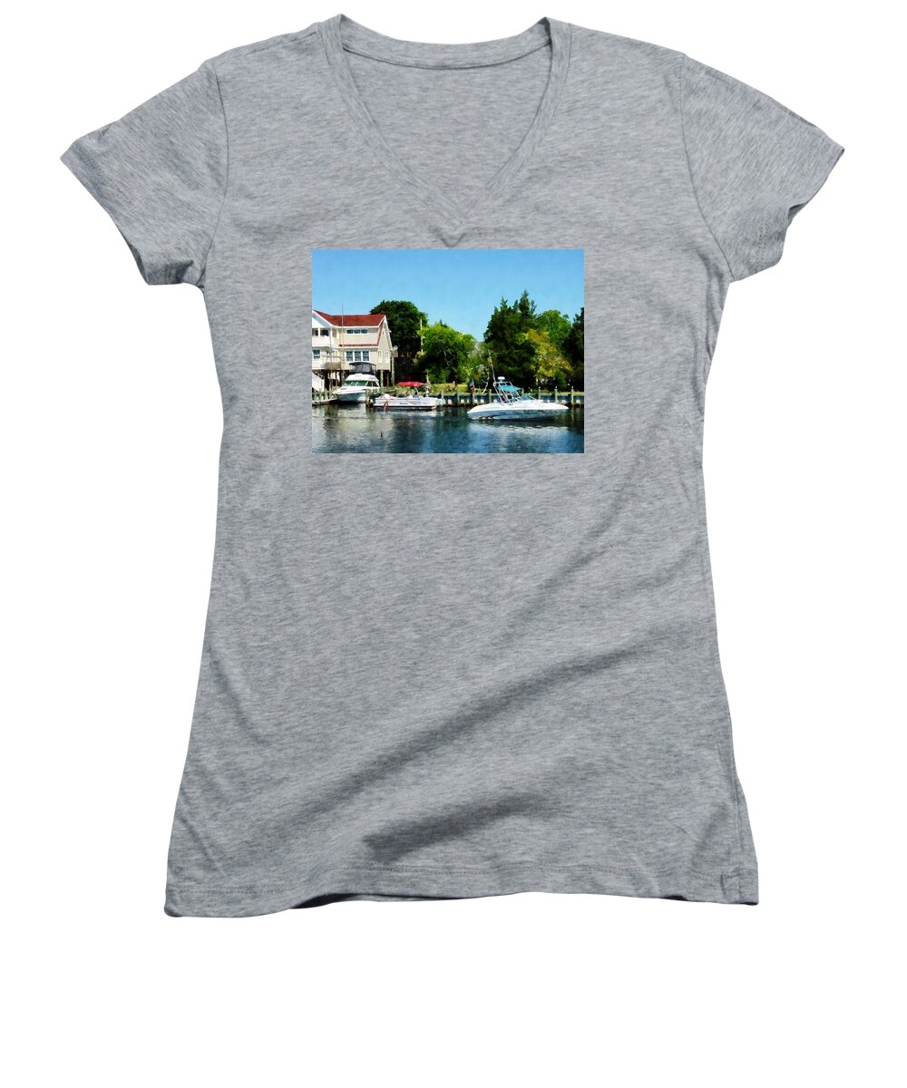 Boat Women's V-Neck featuring the photograph Cabin Cruisers by Susan Savad