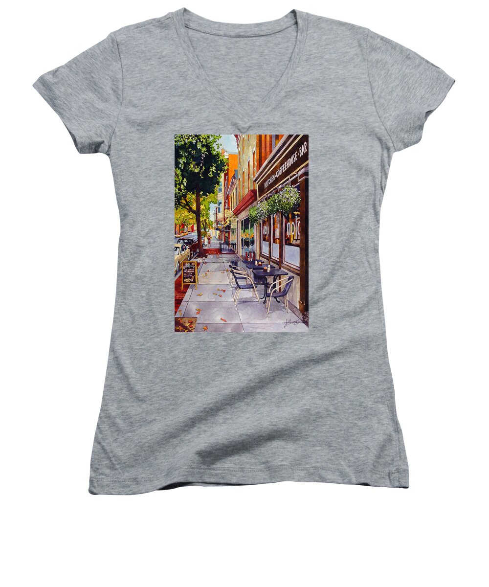 Watercolor Women's V-Neck featuring the painting Cafe Nola by Mick Williams