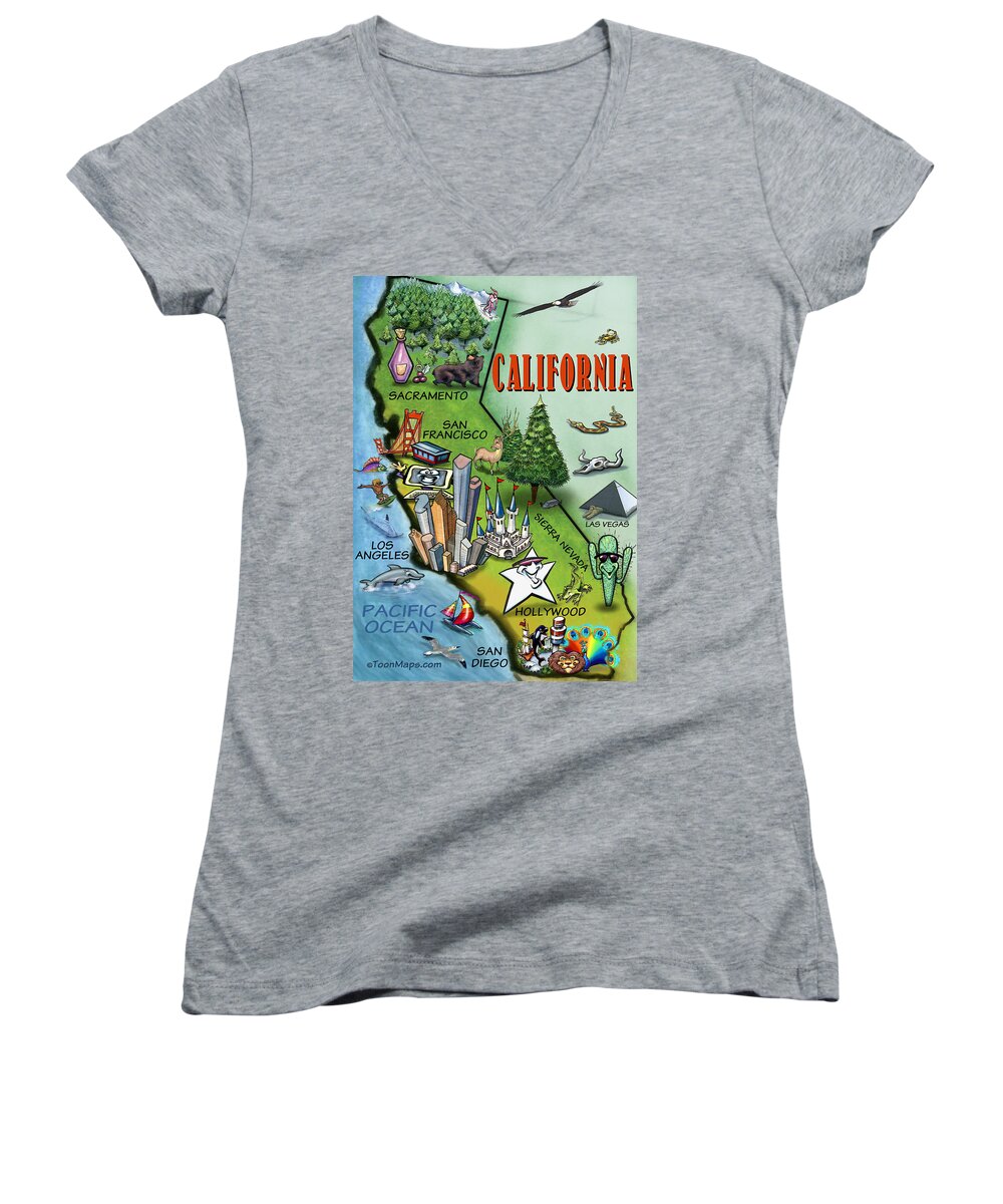 California Women's V-Neck featuring the digital art California Cartoon Map by Kevin Middleton