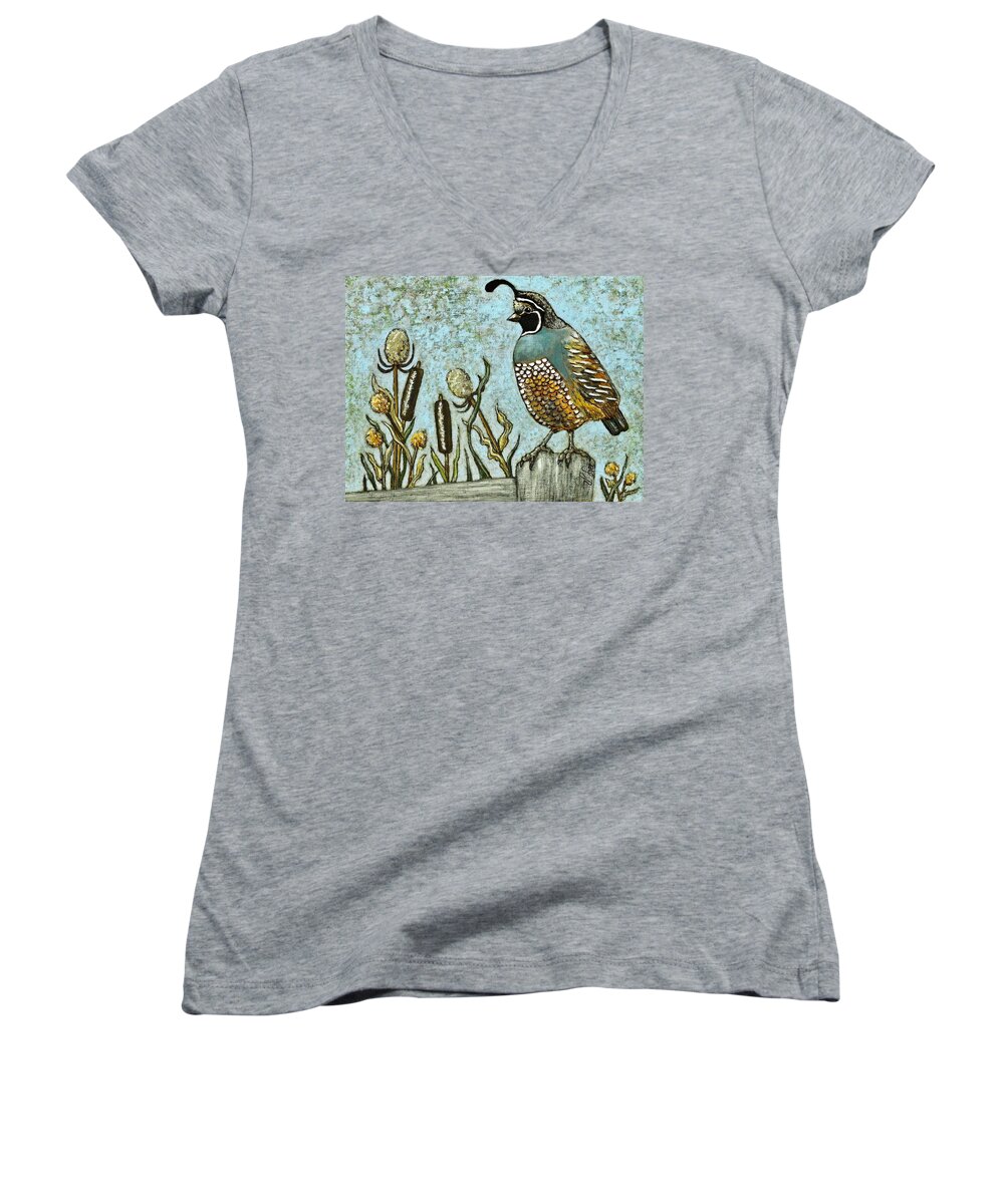 Bird Women's V-Neck featuring the painting California Quail by VLee Watson
