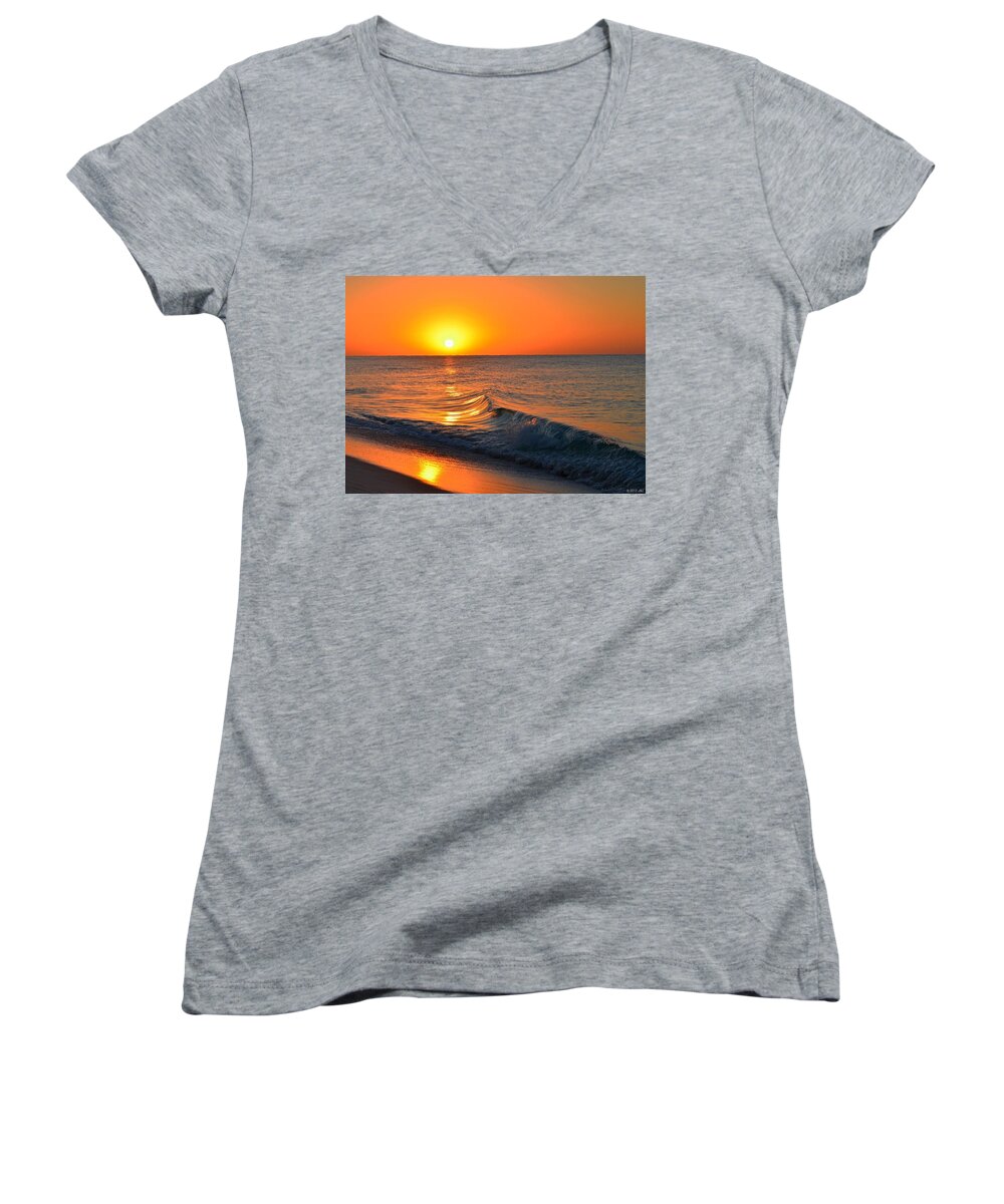 Calm Women's V-Neck featuring the photograph Calm and Clear Sunrise on Navarre Beach with Small Perfect Wave by Jeff at JSJ Photography