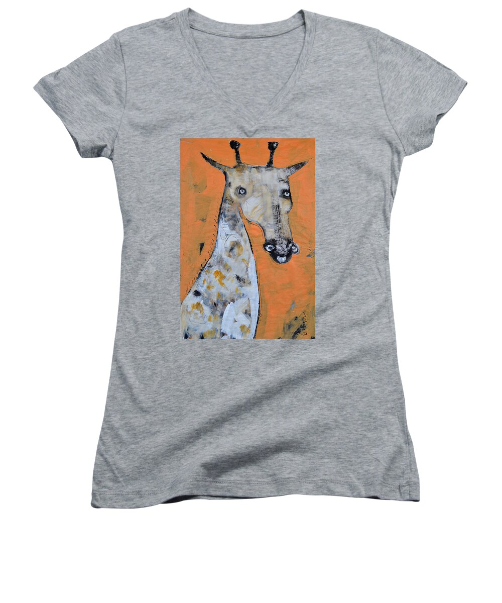 Camel Women's V-Neck featuring the painting Camelopardus by Mark M Mellon