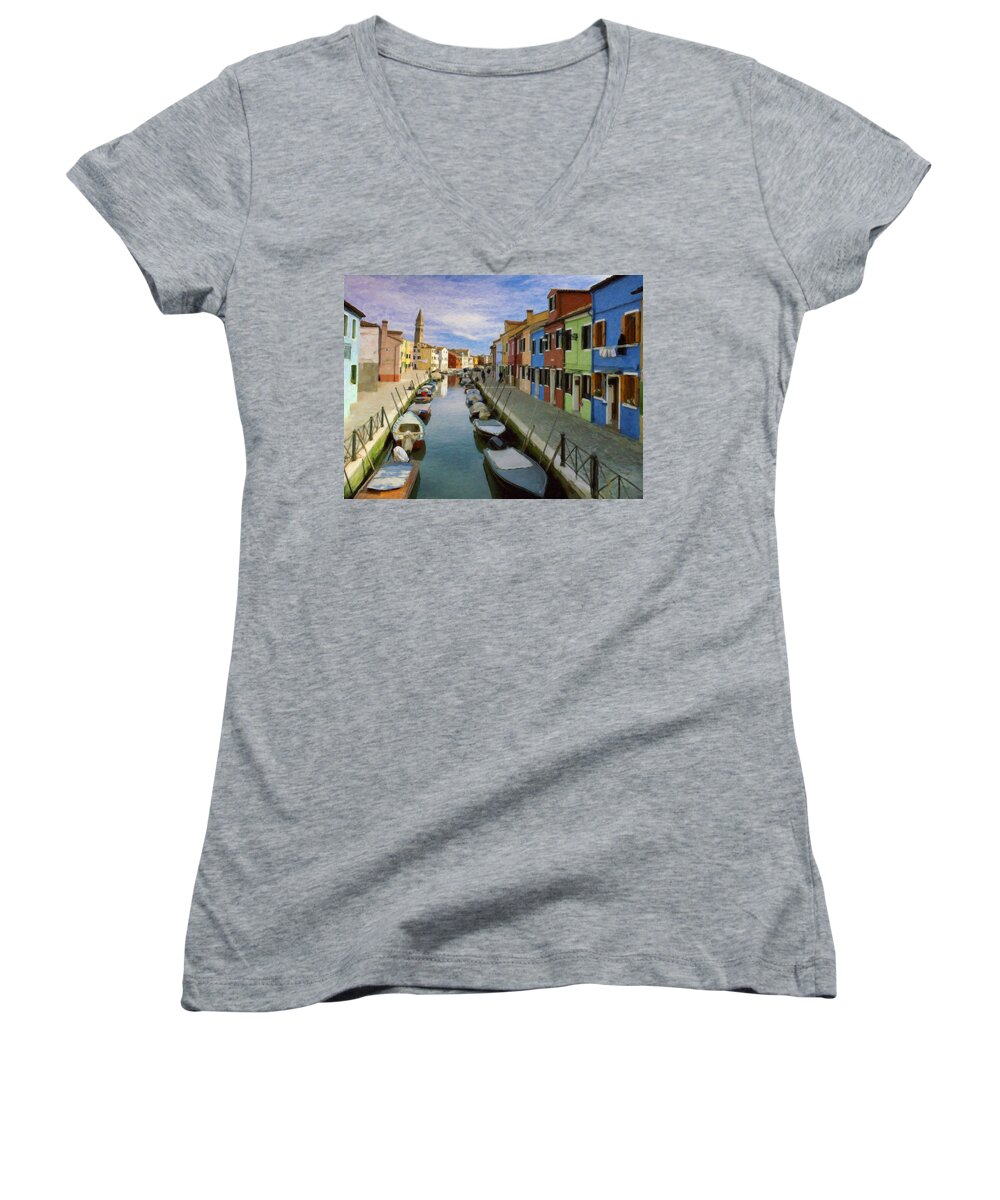 Landscape Women's V-Neck featuring the painting Canal Burano Venice Italy by Dean Wittle