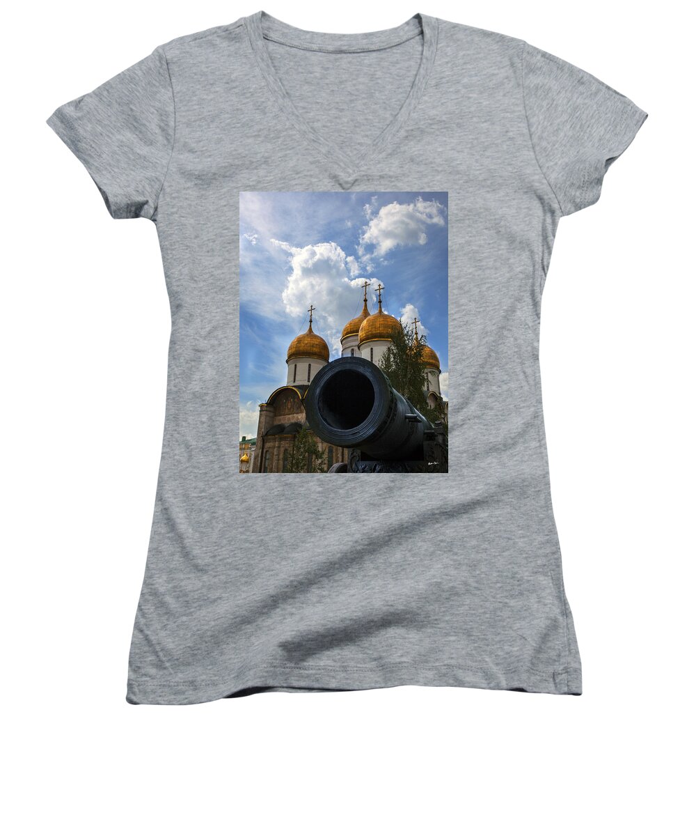 Cannon Women's V-Neck featuring the photograph Cannon and Cathedral - Russia by Madeline Ellis