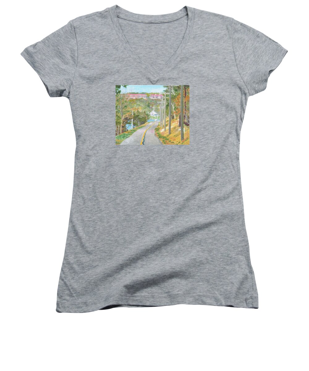 Nature Women's V-Neck featuring the painting Cape Cod Canal Bike Trail by Cliff Wilson