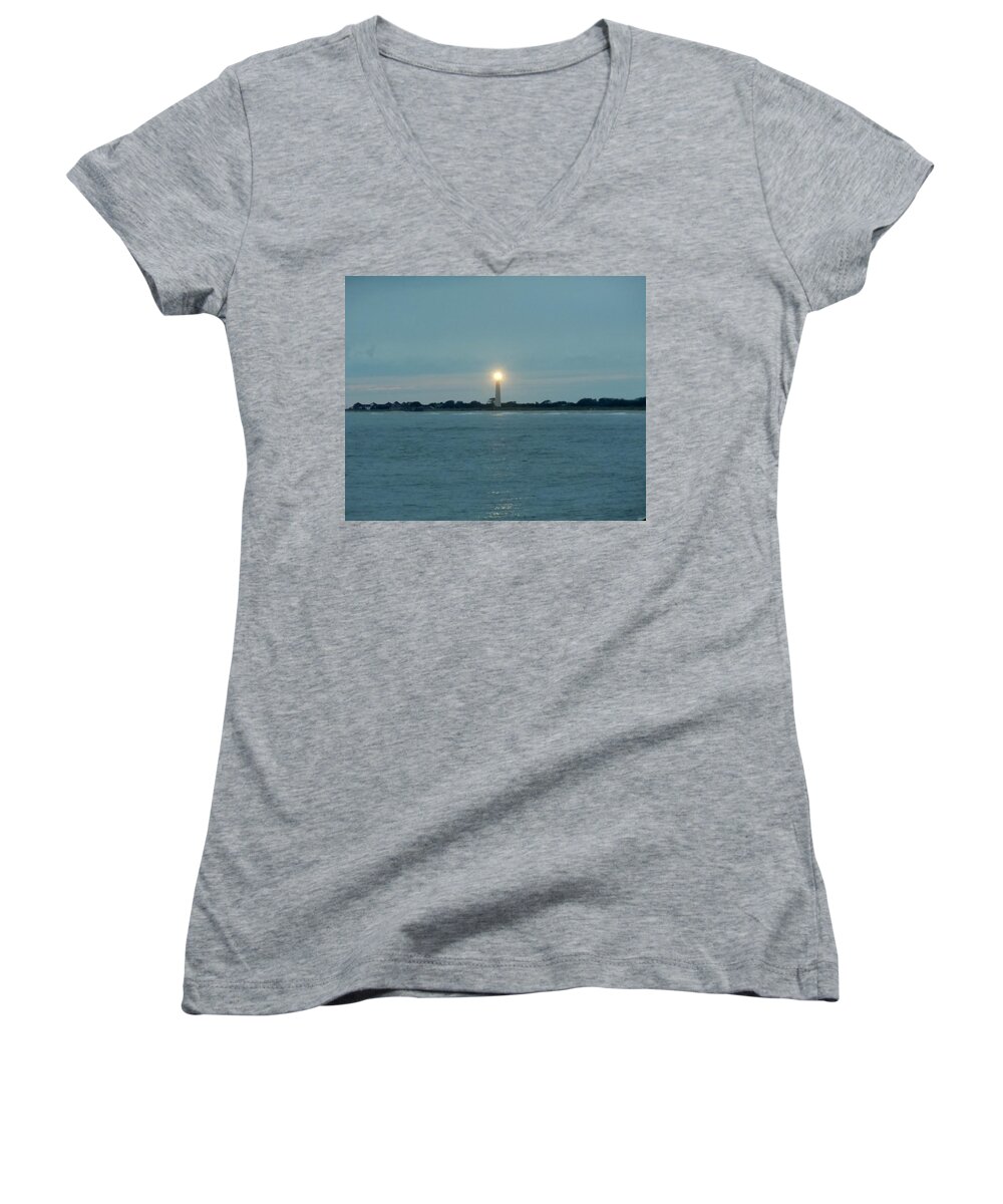 Lighthouse Women's V-Neck featuring the photograph Cape May Beacon by Ed Sweeney