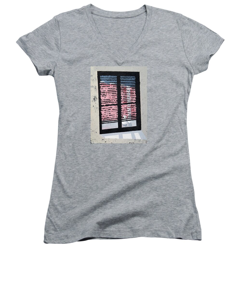 Stripped Cat Women's V-Neck featuring the painting Cat N Window by Michael Dillon