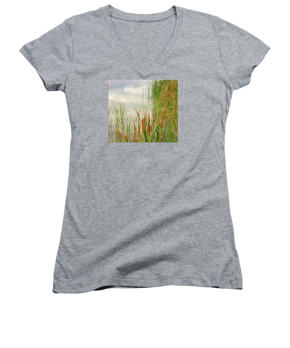 Cattails Women's V-Neck featuring the photograph Cattails by Marilyn Diaz