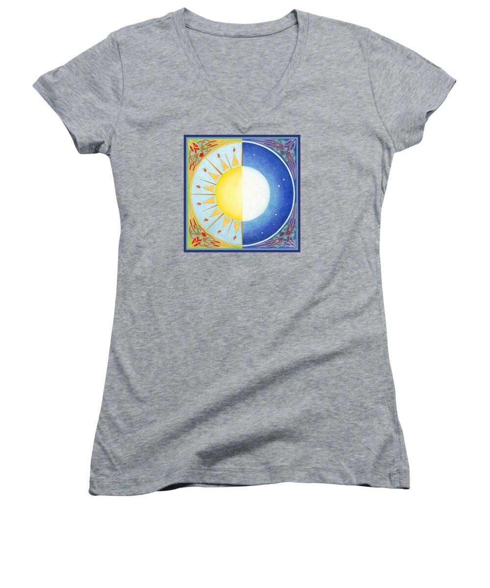 Balance Women's V-Neck featuring the painting Celtic Equinox Sun and Moon by Melissa A Benson