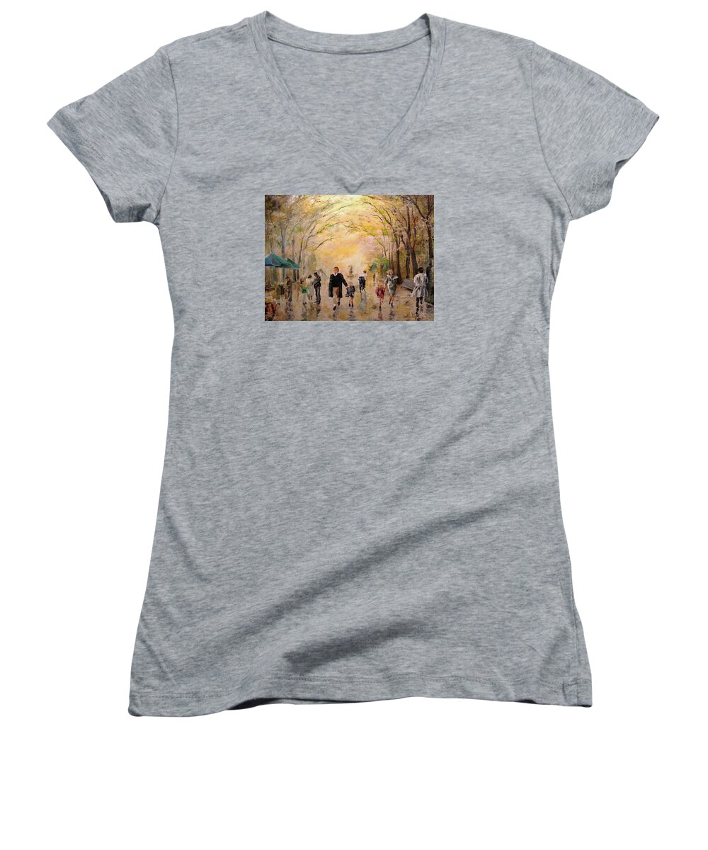 Central Park Women's V-Neck featuring the painting Central Park Early Spring by Alan Lakin
