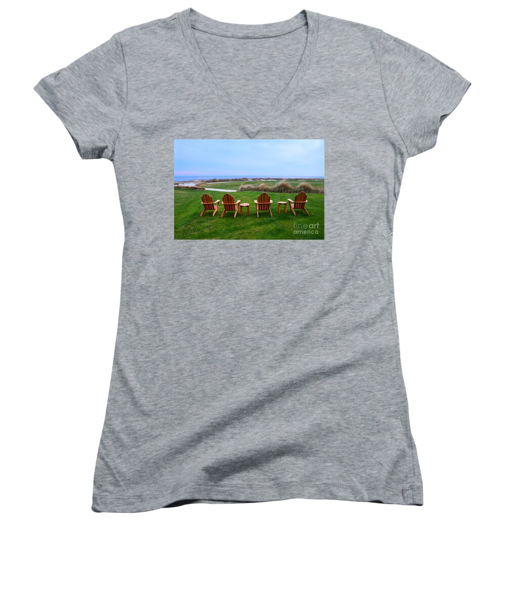 Golf Course Women's V-Neck featuring the photograph Chairs at the Eighteenth Hole by Catherine Sherman